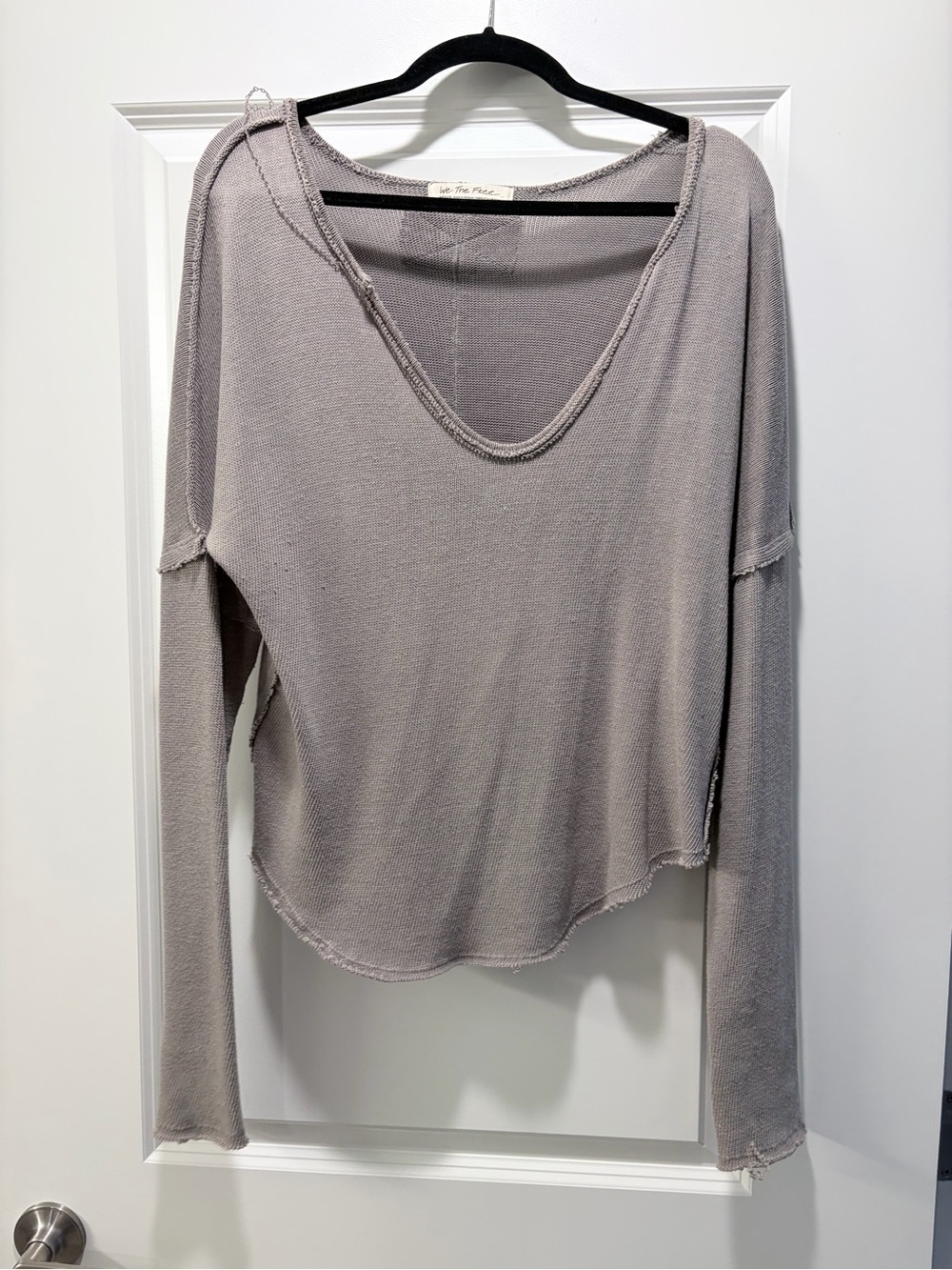 We The Free Raw-Edge Scoop Neck Long Sleeve Top - Light Gray/Taupe color